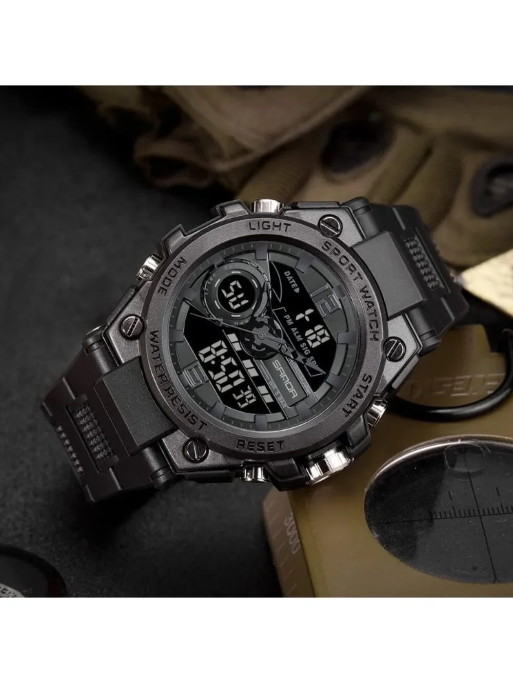 Mens All Black Analog Quartz Sport Outdoor Waterproof Military LED Digital Watch